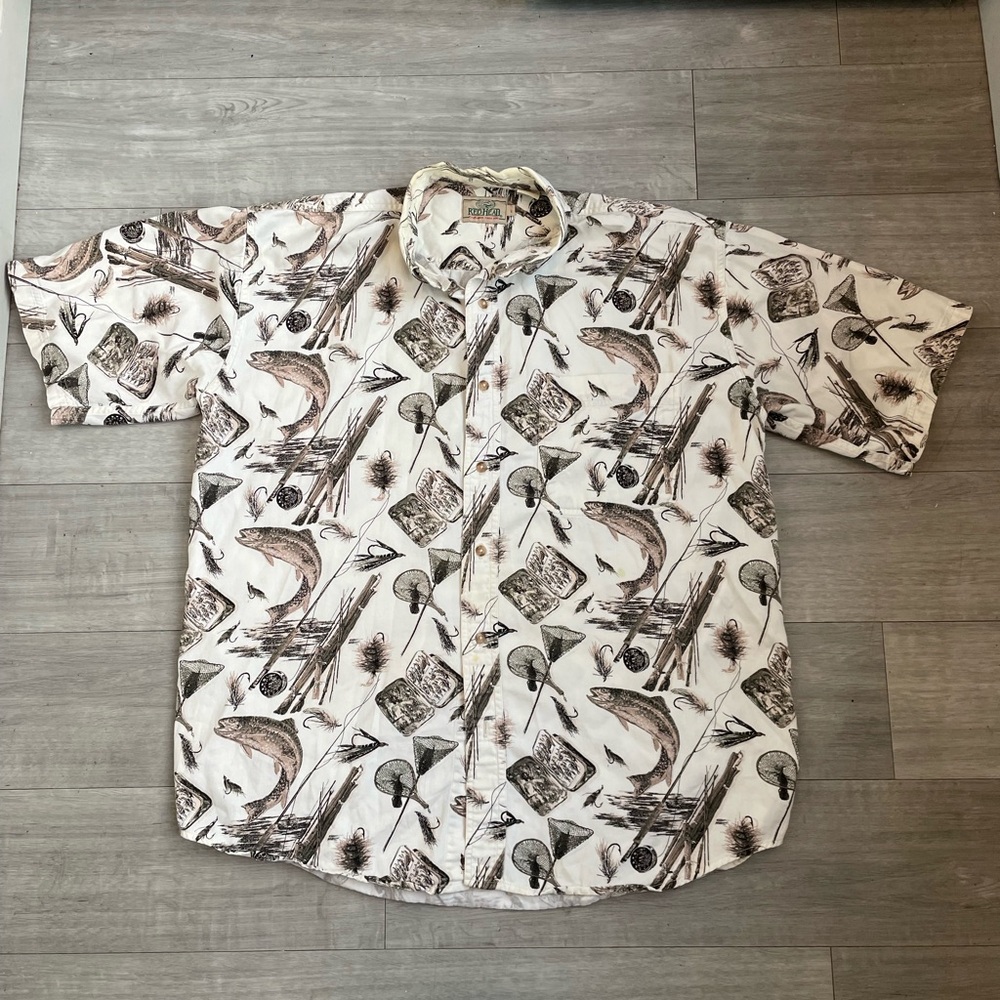 Vintage Redhead Fly Fishing Button Up Shirt Large White Fish All Over 90s 80s
